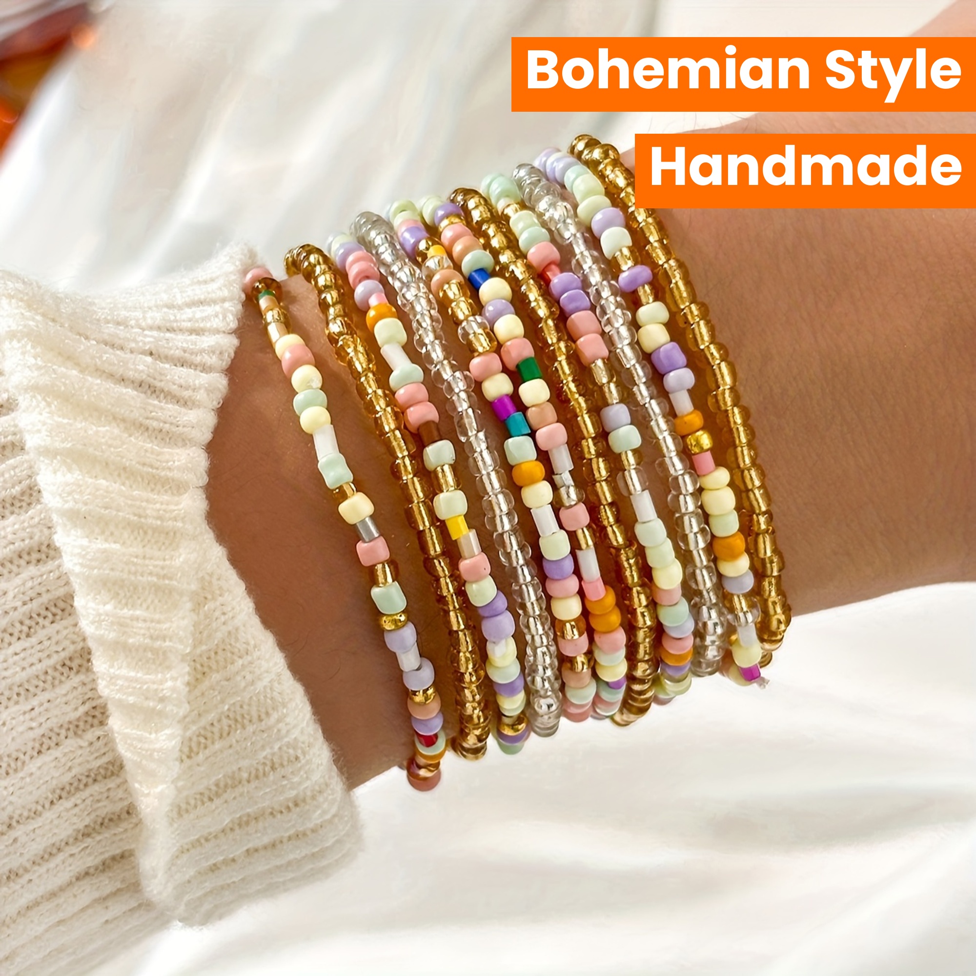 11pcs Glass Material Rice Beads Elastic Rope Bracelet Set