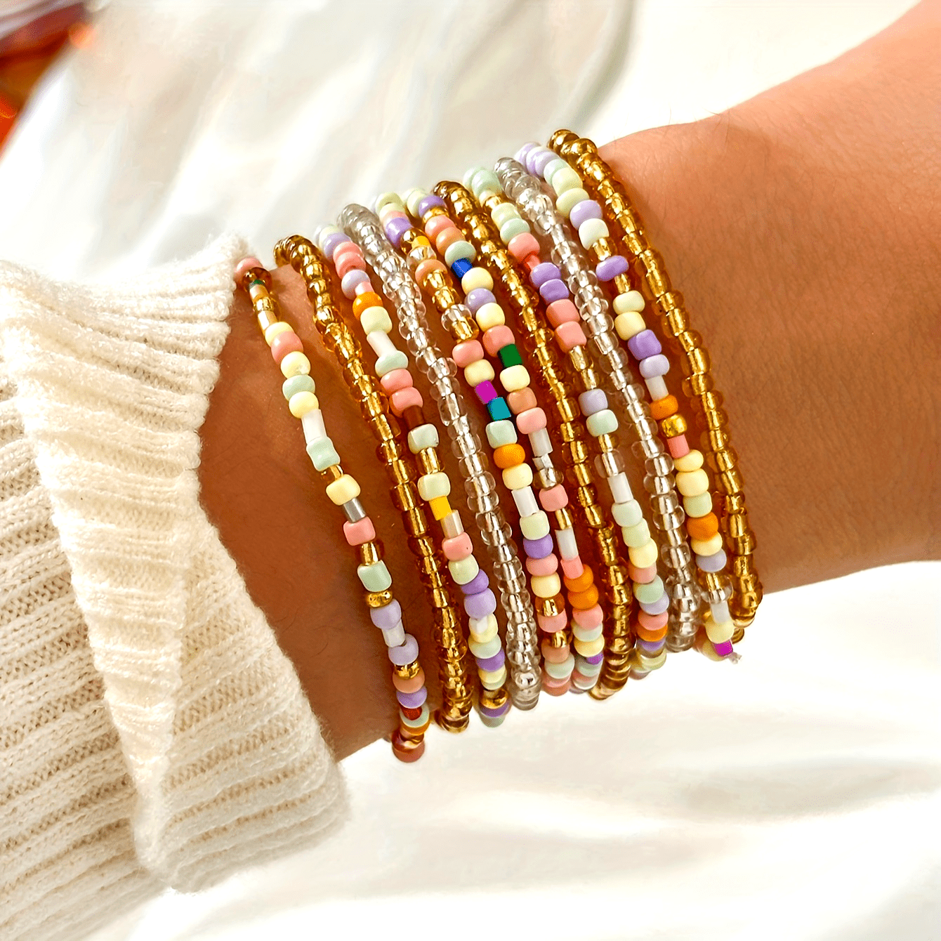 11pcs Glass Material Rice Beads Elastic Rope Bracelet Set