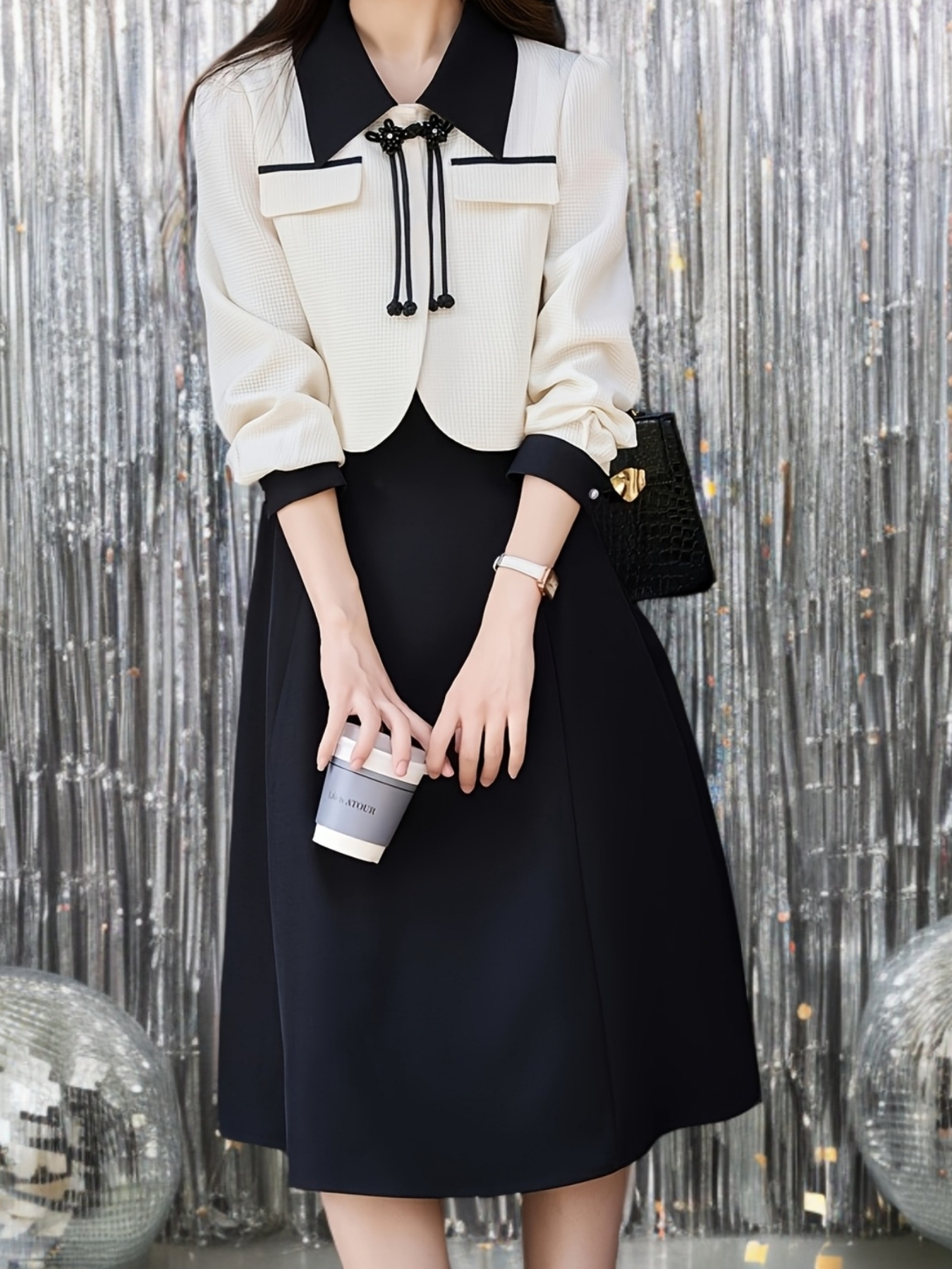 Stylish woman wearing Newnesss Modern Contrast Dress Set showcasing the chic contrast design Perfect for spring or fall