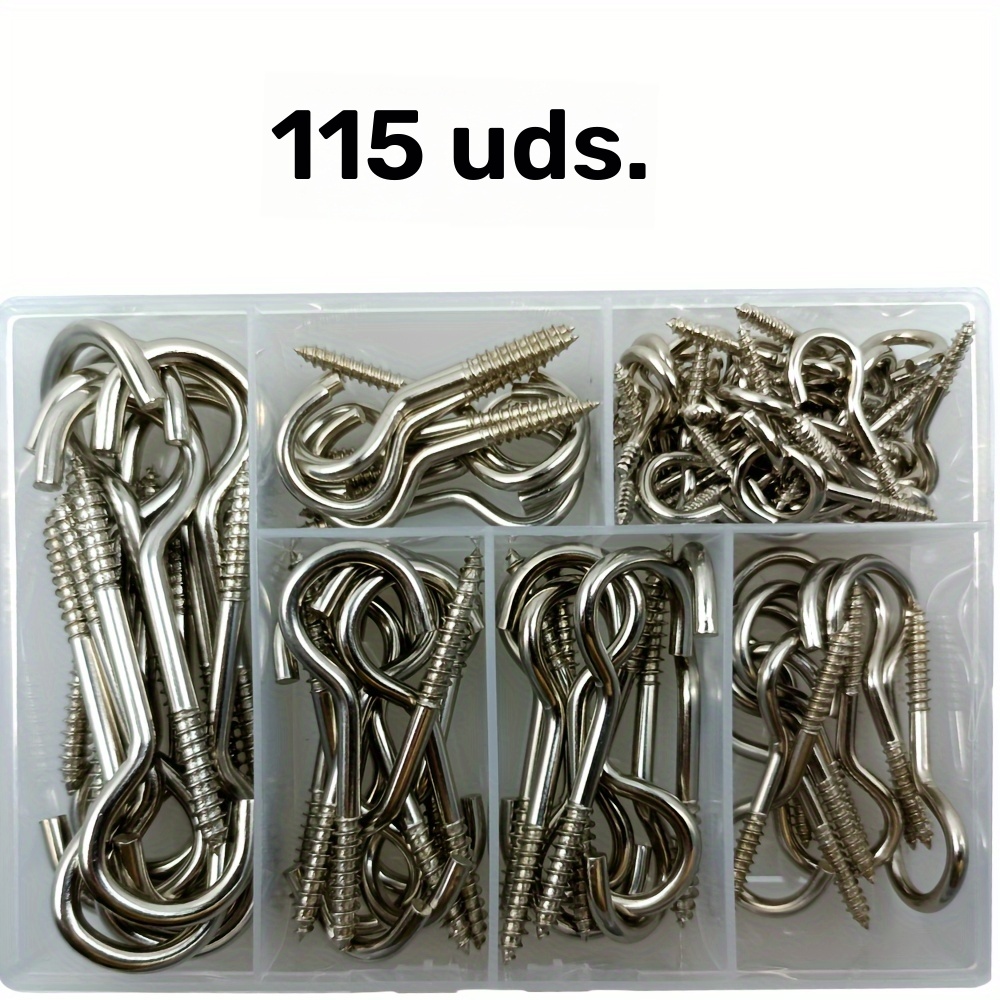 Juego de 115 Ganchos de Ojo de Acero de Alta Resistencia - Montaje con Tornillo, 5 Tamaños, Acabado Galvanizado para Marcos de Fotos y Decoraciones de Halloween, Kit de Herrajes Industriales de Fácil Instalación