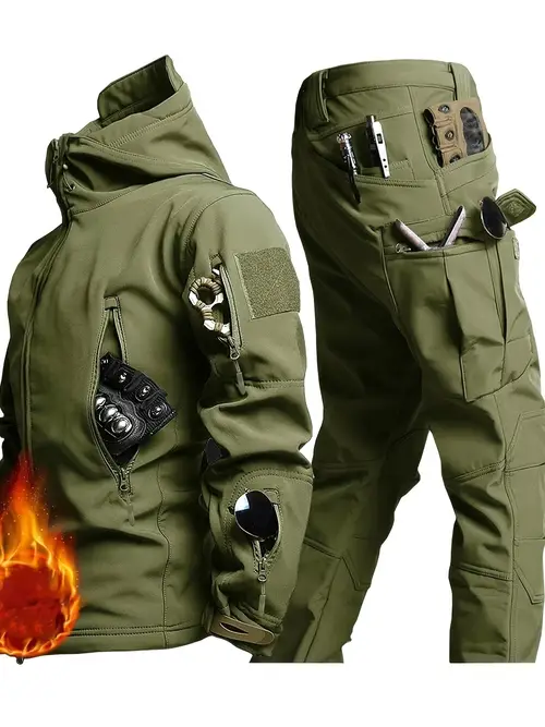 mens fleece lined jacket cargo pants set windproof warm polyester outfit with multiple pockets for hiking cycling and everyday use in autumn winter camping gear