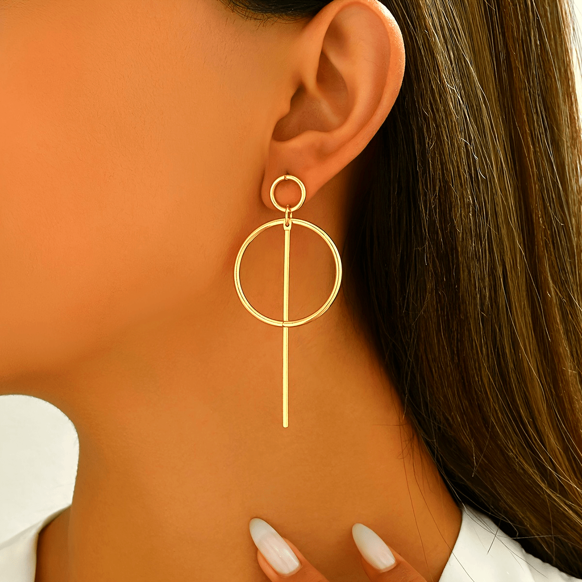 European American Round Ring Long Bar Earrings