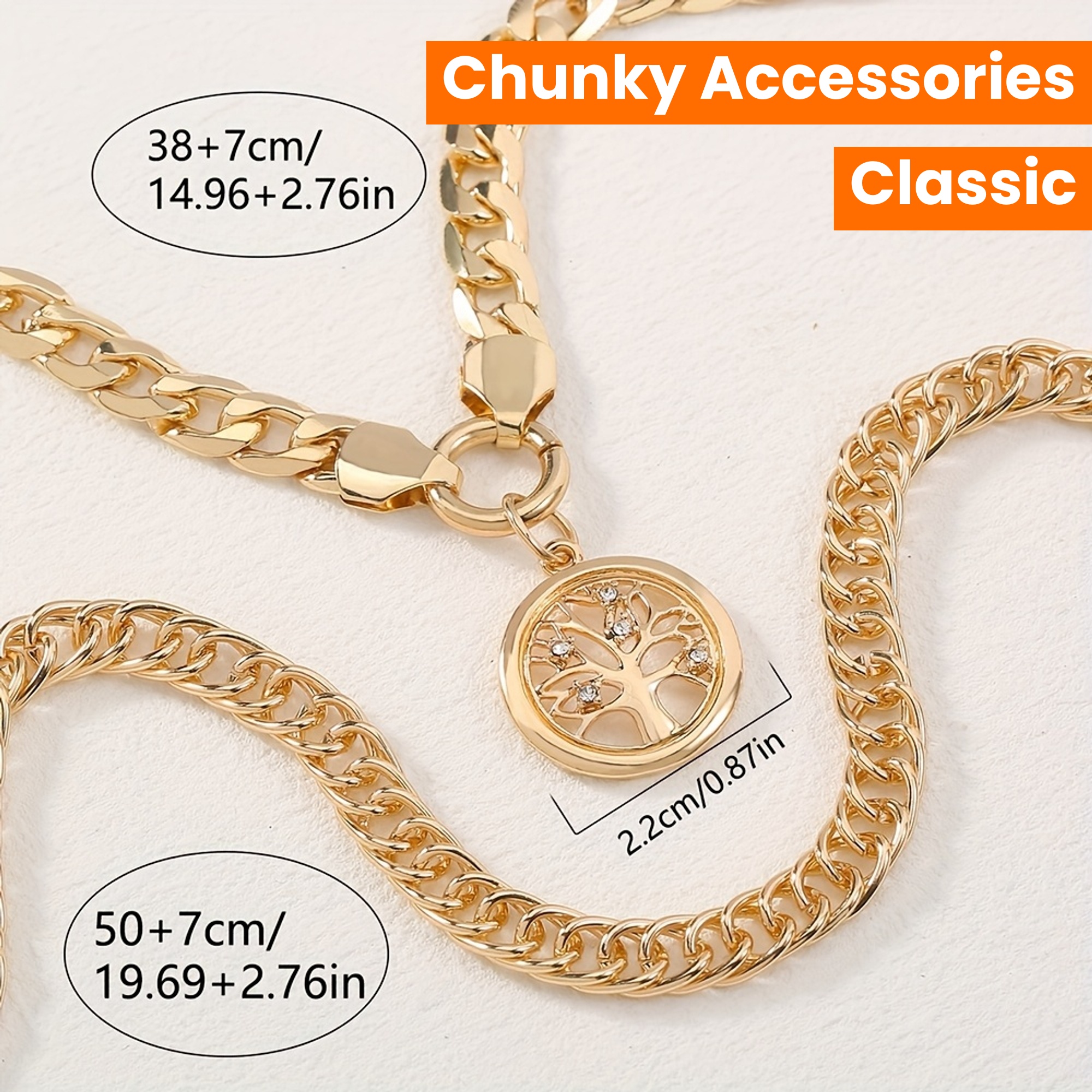 Life Tree Pendant Necklace Cuban Link Chain Chunky Statement Accessories