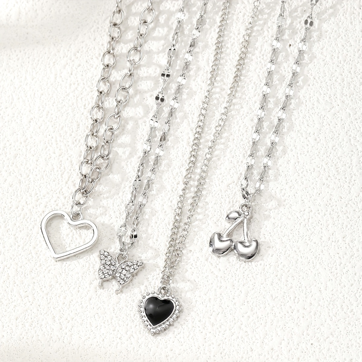 4pcs Elegant Shiny Rhinestone Butterfly Heart Pendant Necklace Set, Stylish Silvery Cherry Multi-Layer Layered Necklaces for Women, Trendy Daily Party Accessories