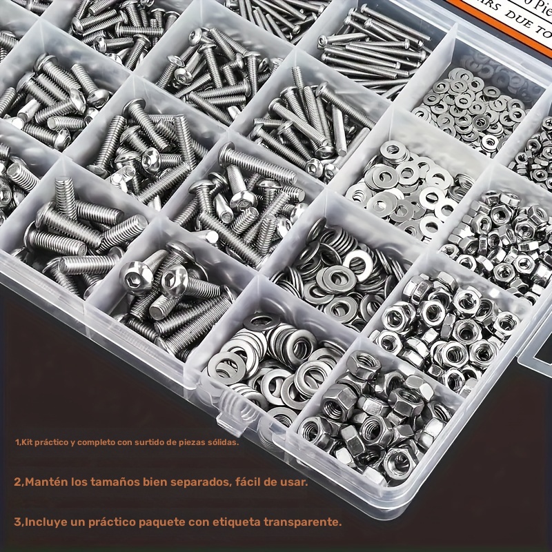 Kit de 600 piezas de herrajes de acero inoxidable - Tornillos, tuercas y arandelas con cabeza de botón, tamaños M2, M3, M4, M5