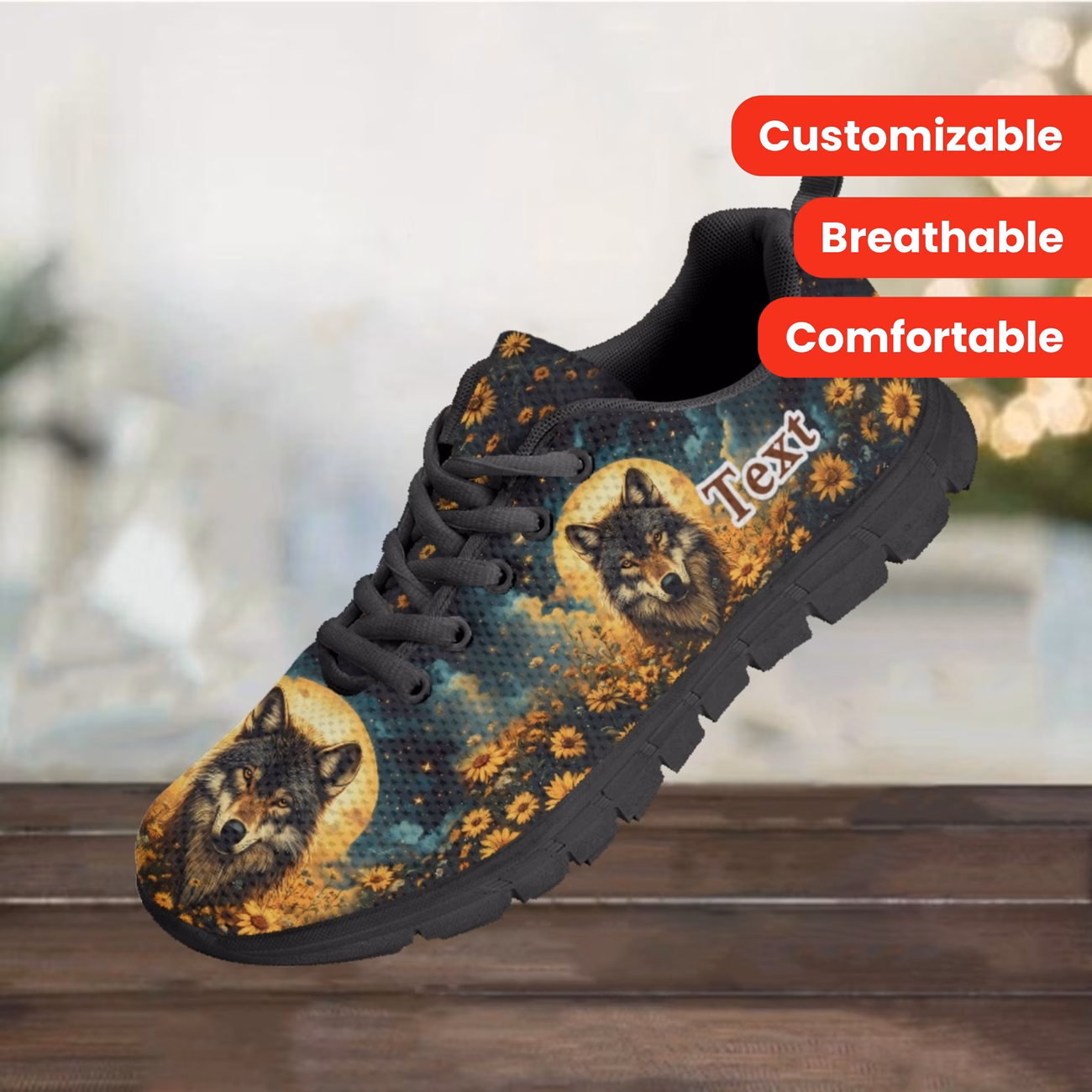 Customizable Wolf Print Breathable Mesh Sneakers for Men & Women -...