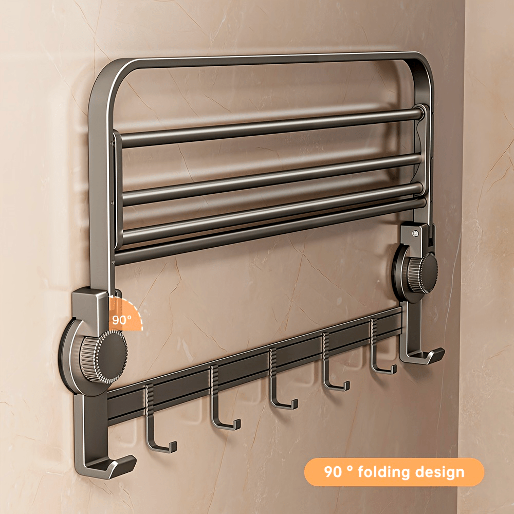  modern chrome wall mount towel rack with hooks suction cup installation no drill moveable with electricity free for bathroom towel storage Product details 1