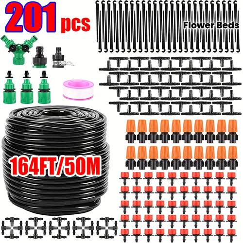 item picture 201pcs drip irrigation kit 1 4 drip tube garden watering system for gardens greenhouses flower beds and lawns