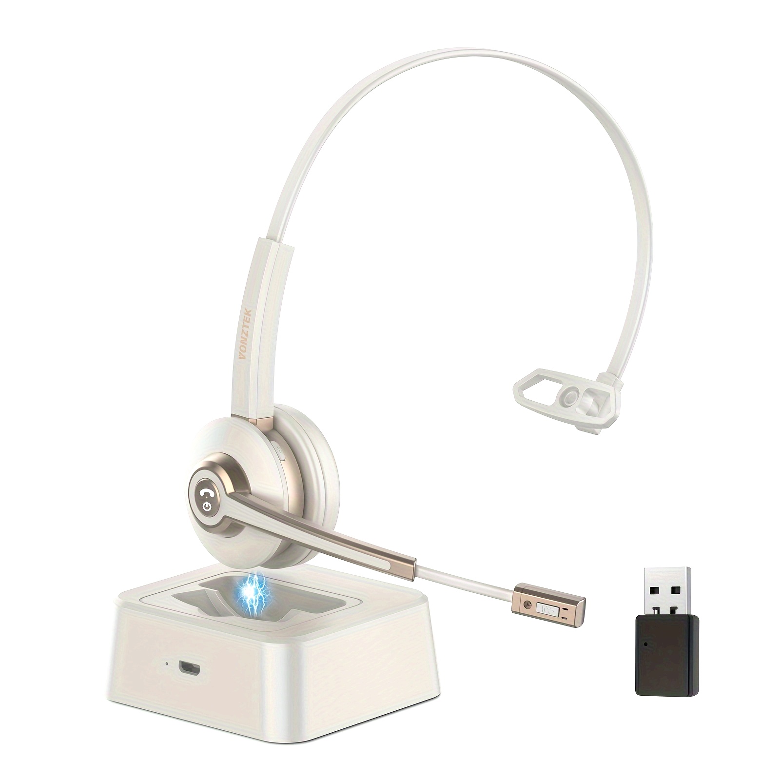 Wireless Headset with Microphone Trucker Wireless Headset V5.2 with AI Noise Canceling Mic&USB Dongle Wireless Headphones with Charging Base and Mute Function for Computer/Phone/Office/Skype