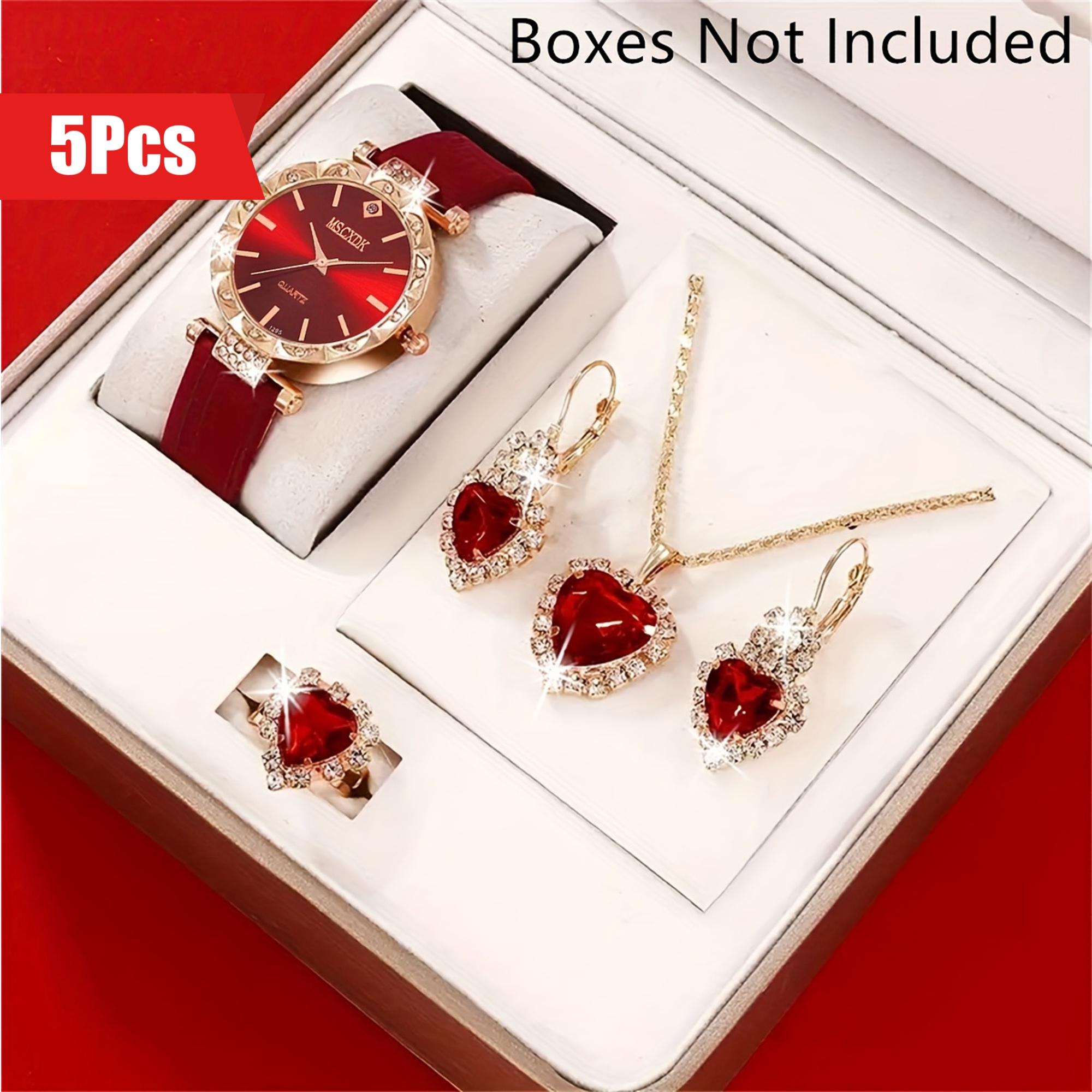 5pcs ladies quartz watch red strap quartz wristwatch and heart shaped necklace earrings and ring gifts for eid details 1