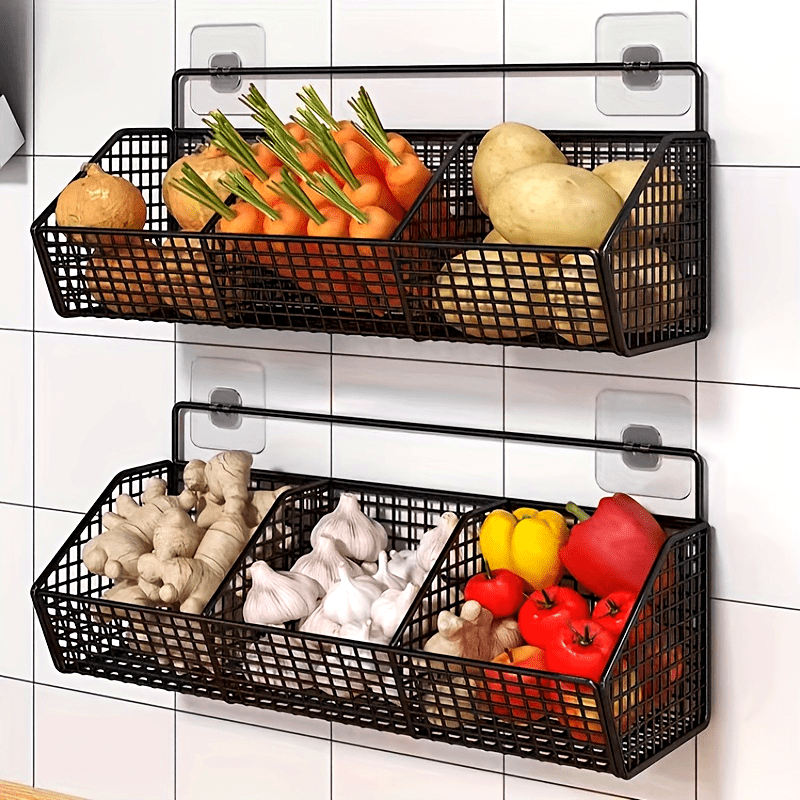 Wall-Mounted Kitchen Storage Basket - Hanging Spice Organizer for Garlic, Onions, and Vegetables - Durable Wire Mesh Rack