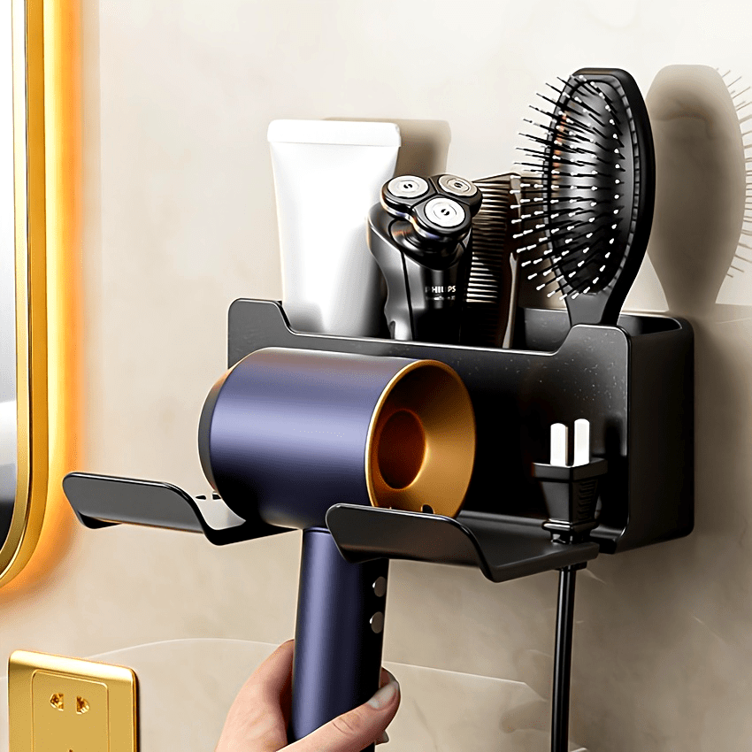 

Sleek Black Stainless Steel Wall-mounted Hair Dryer Holder - Space-saving Bathroom Organizer With Multi-compartment Storage Rack For Handheld Dryers, Straighteners & Accessories - , Utility Racks