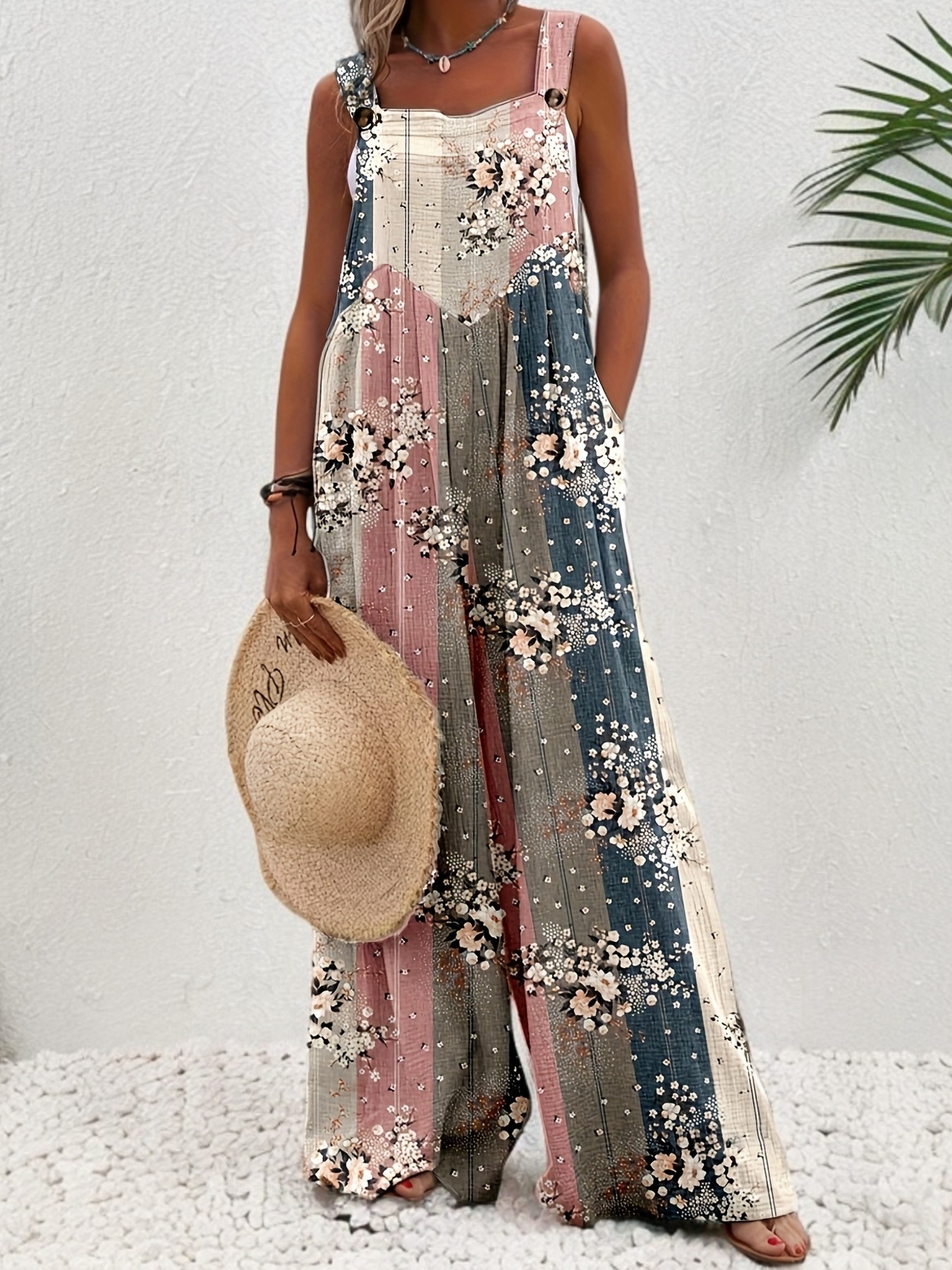 plus size floral print pockets overall jumpsuit casual button overall jumpsuit for spring summer womens plus size clothing multicolor 0