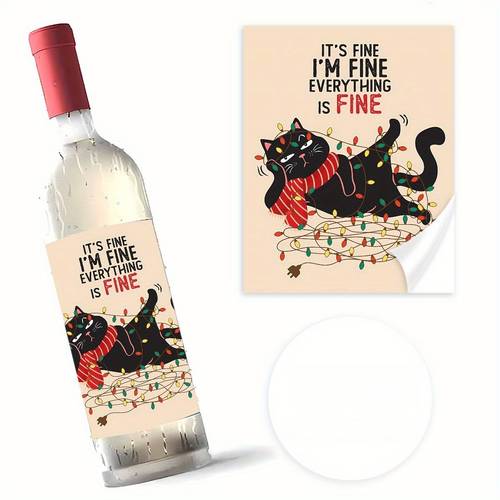8pcs waterproof christmas wine bottle stickers with its fine im fine everything is fine text 10x12 7cm decor festive gift labels for family cat christmas gifts print humor enthusiasts