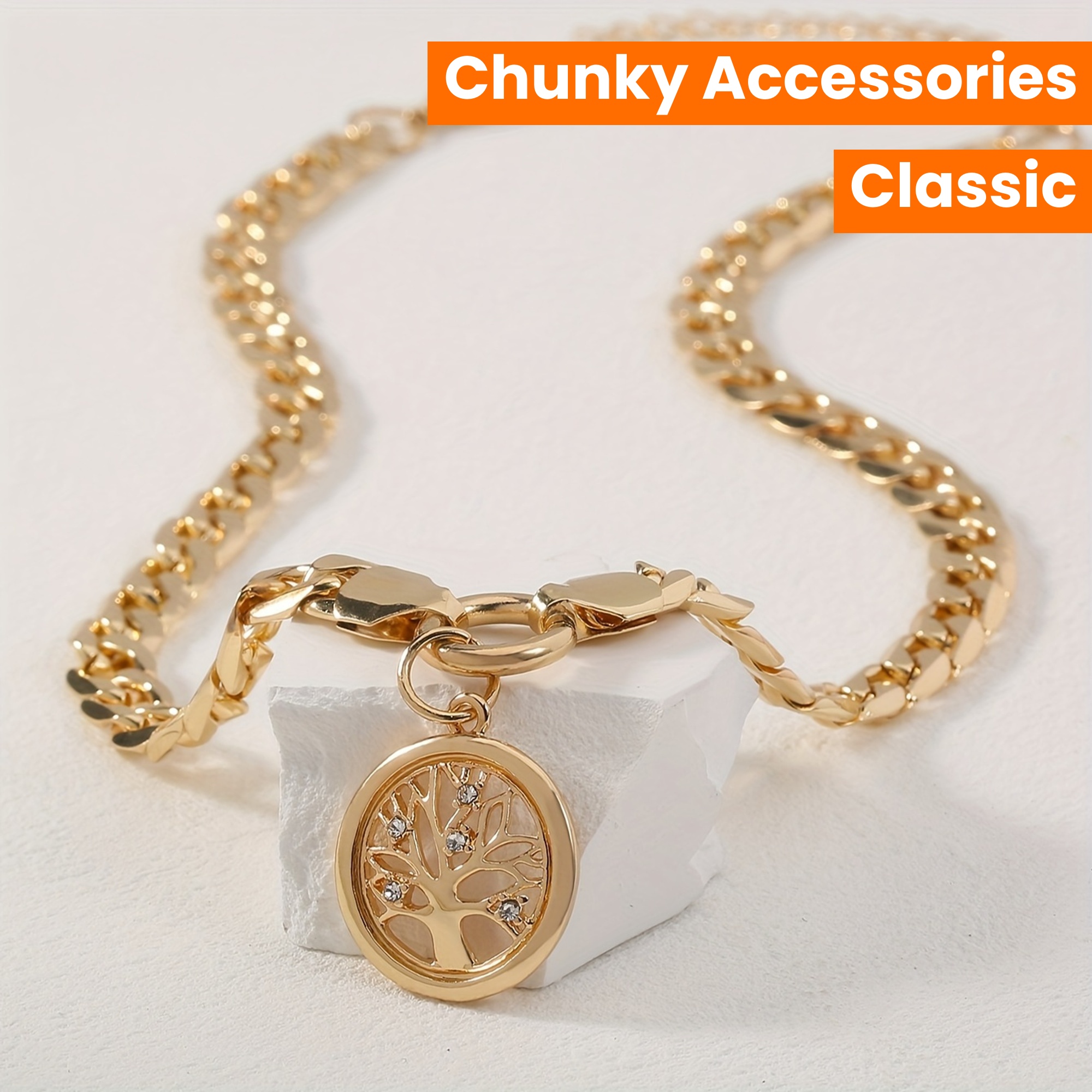 Life Tree Pendant Necklace Cuban Link Chain Chunky Statement Accessories