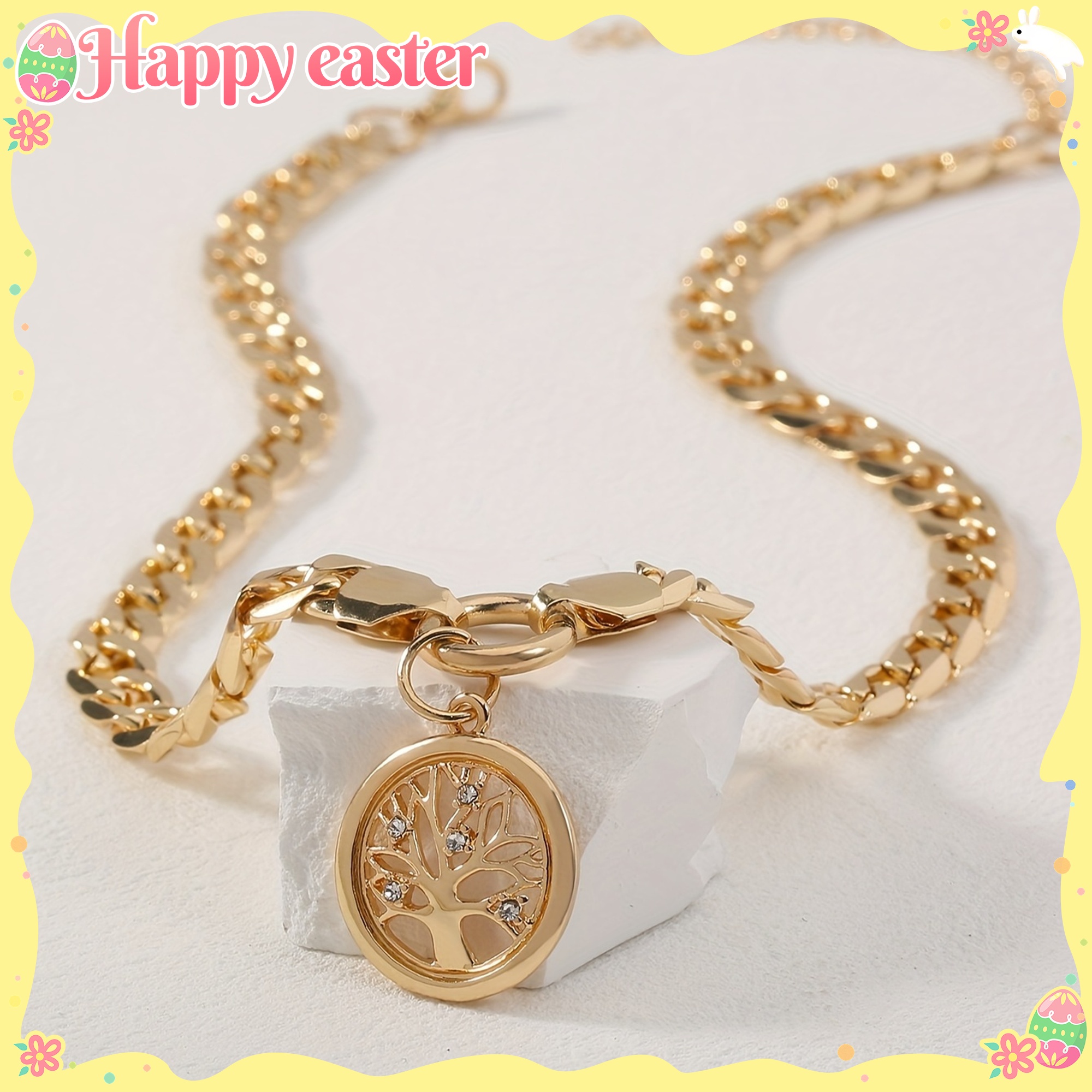 Life Tree Pendant Necklace Cuban Link Chain Chunky Statement Accessories