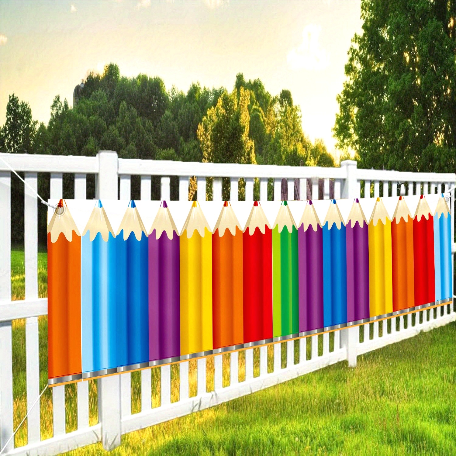 TEMU 2d Flat, 2d Flat - 2d Flat, 2d Flat - 2d Flat, 2d Flat Banner, 1pc Creative Decorative Fence, Vibrant Colored Pencil Arrangement Pattern Lawn