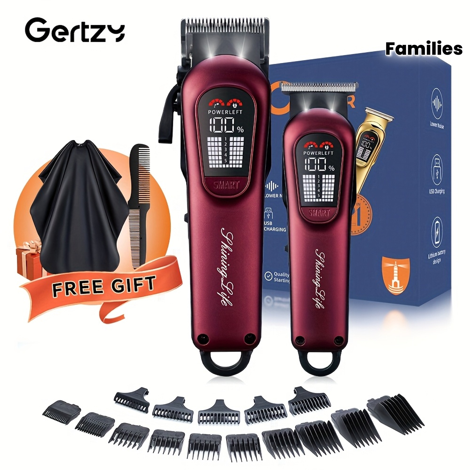 [Cadeau de fête idéal] 2 pièces Kit professionnel de coupe pour barbe et cheveux pour hommes - Tondeuse avec écran LED, kit de coupe de précision, rechargeable par USB, adapté aux familles, équipé de plusieurs peignes limiteurs, réglage 5 vitesses, kit de beauté pour hommes, cadeau de fête idéal