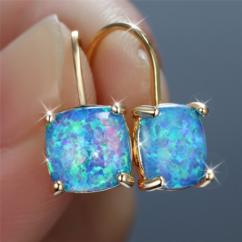 Womens's Earrings White Blue Fire Opal Earrings Cute Golden Silvery Color Wedding Earrings Small Square Hoop Earrings For Women