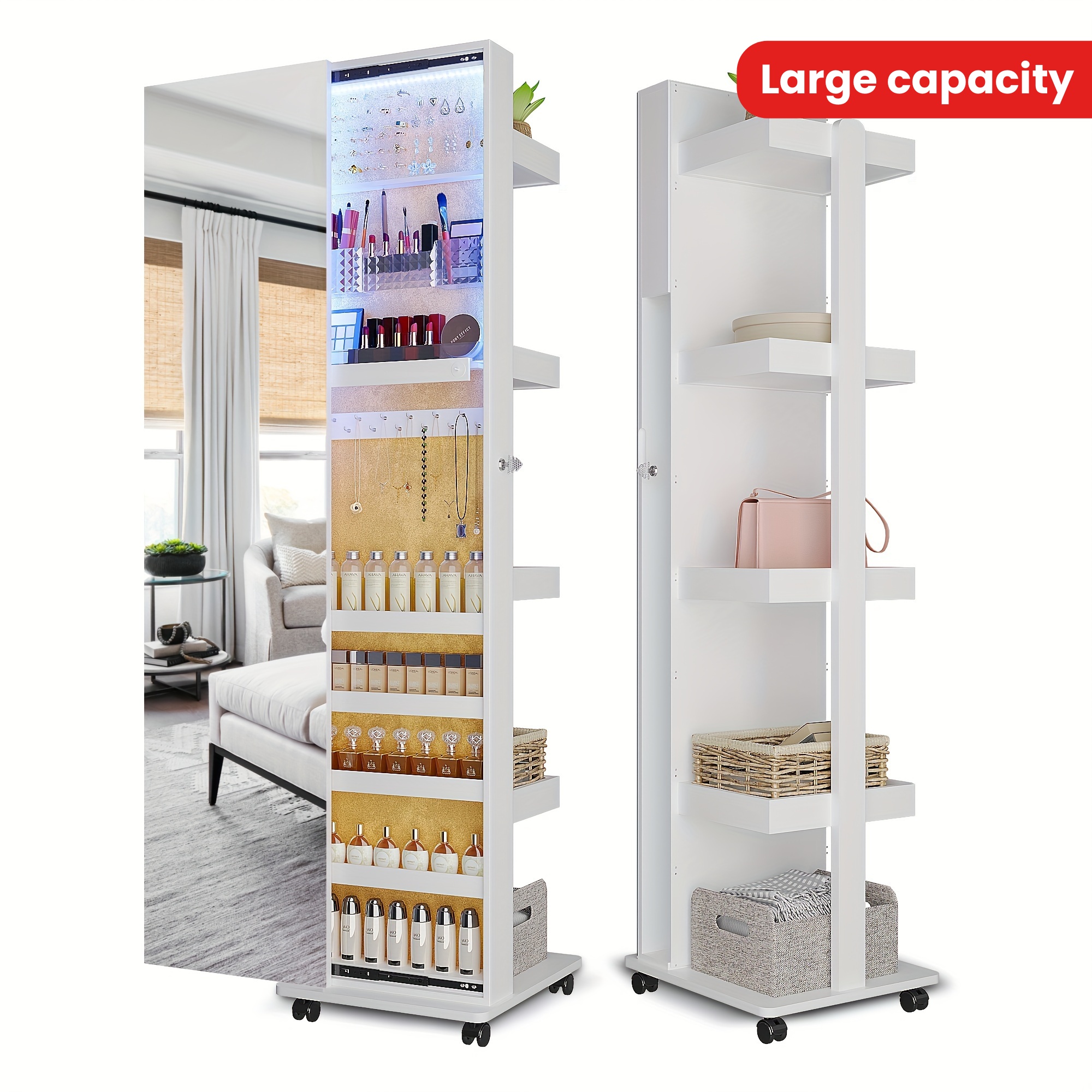 360 rotating led jewelry   full length   large capacity floor standing 3 color dimmable jewelry organizer   with 4 rollers rear storage shelves details 1