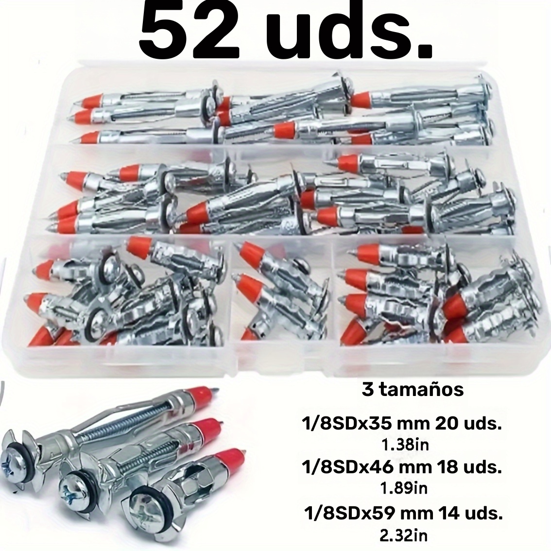 52 piezas de tornillos de acero premium para paredes huecas, anclajes para paneles de yeso, tornillos de inserción hueca recubiertos de alta resistencia con tuercas, tamaños 35mm, 46mm, 59mm, tornillos para montaje en pared | Acabado metálico elegante | Construcción duradera