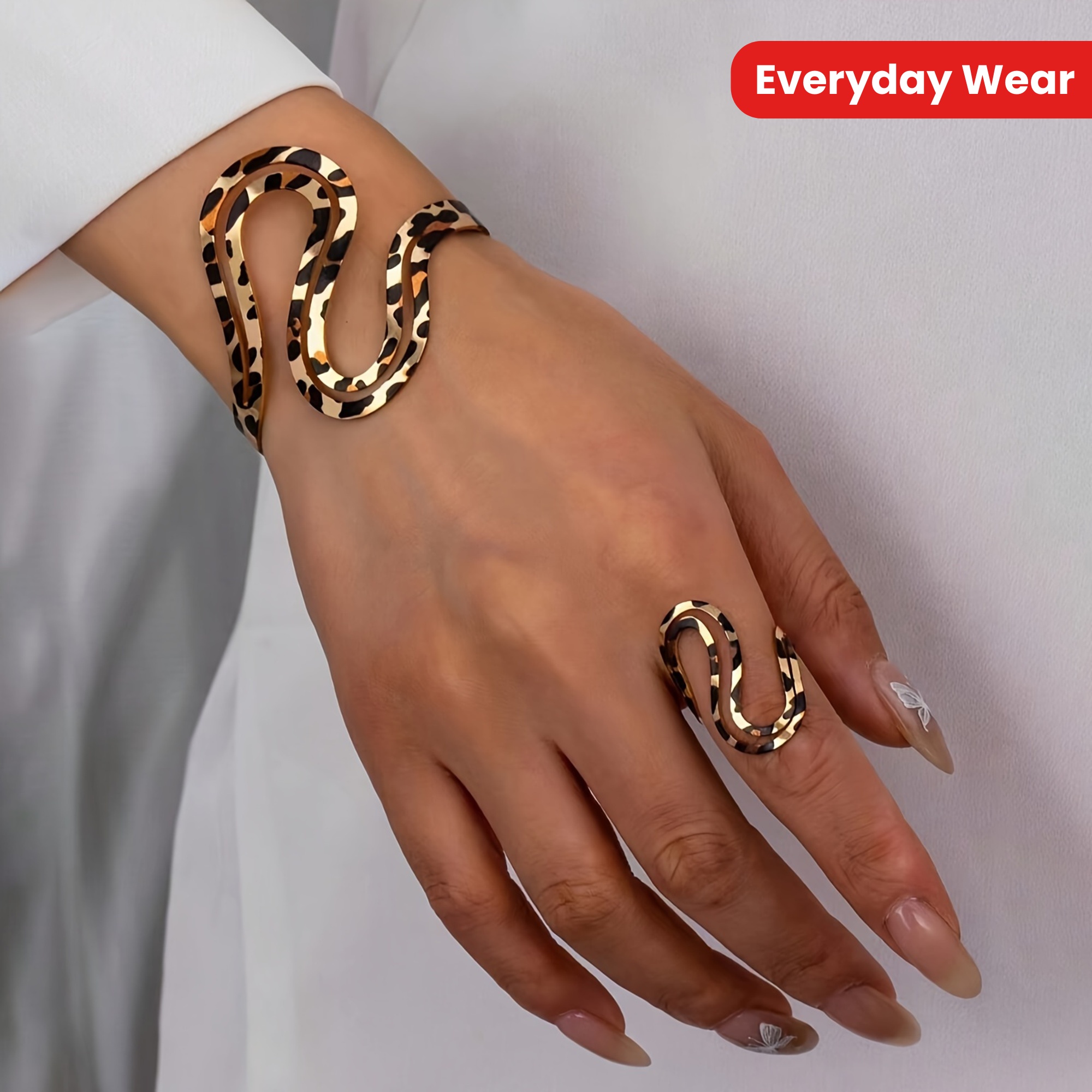 Vintage Boho Jewelry Set: Leopard Print Bracelet & Ring