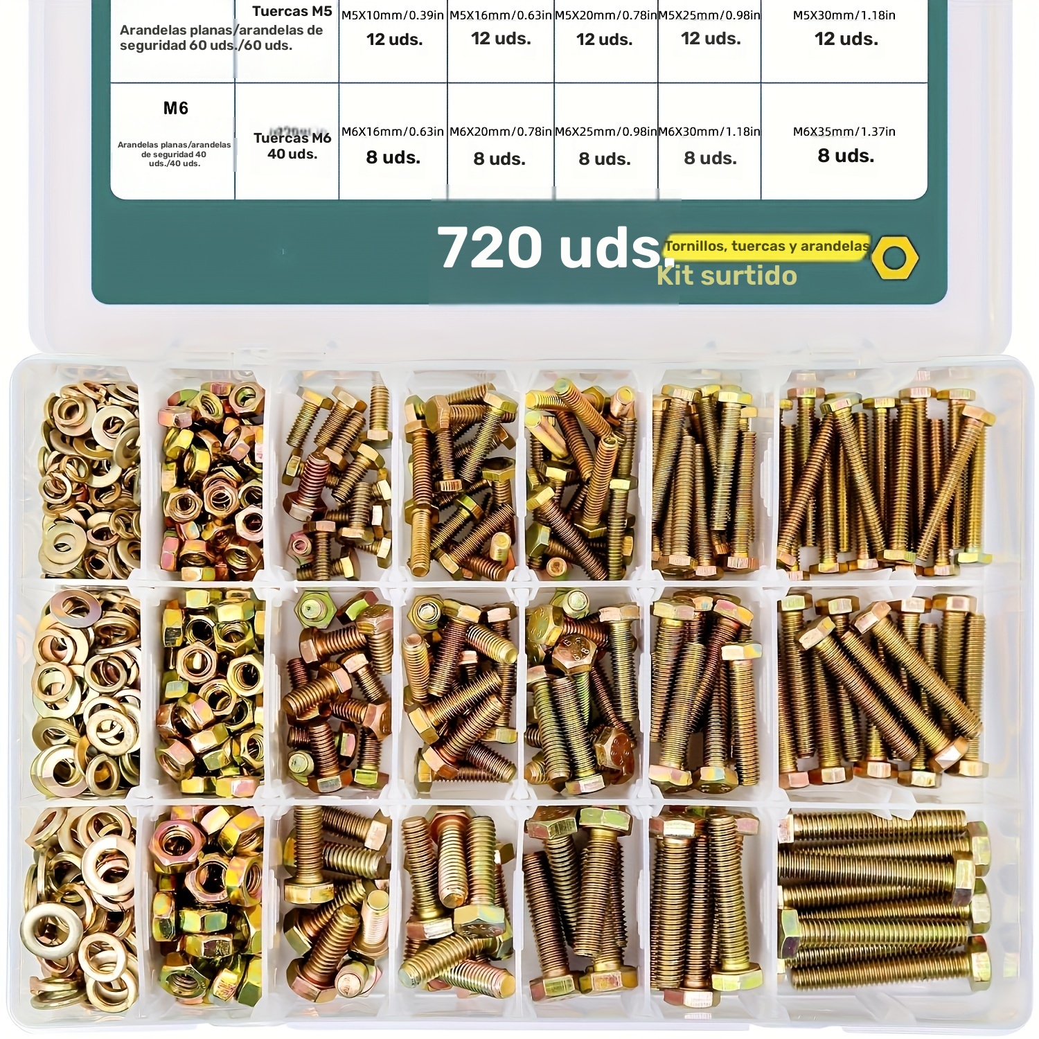 720pcs M4 M5 M6 Tornillos Y Tuercas Kit De Surtido, Grado 8.8 Aleación De Acero Tornillos Hexagonales Tuercas Y Arandelas, Incluye 15 Tamaños Regulares