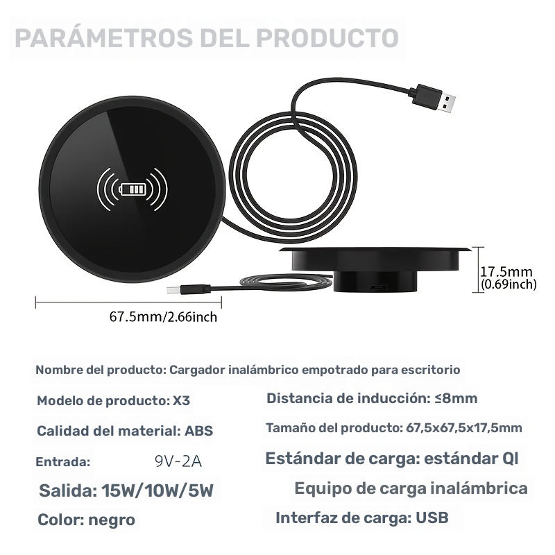 Cargador inalámbrico empotrado para escritorio, orificio universal de 60 mm, estándar QI, ideal para muebles inteligentes, oficina, KTV, mesita de noche o escritorio, compatible con todos los dispositivos con función de carga inalámbrica - Imagen 2
