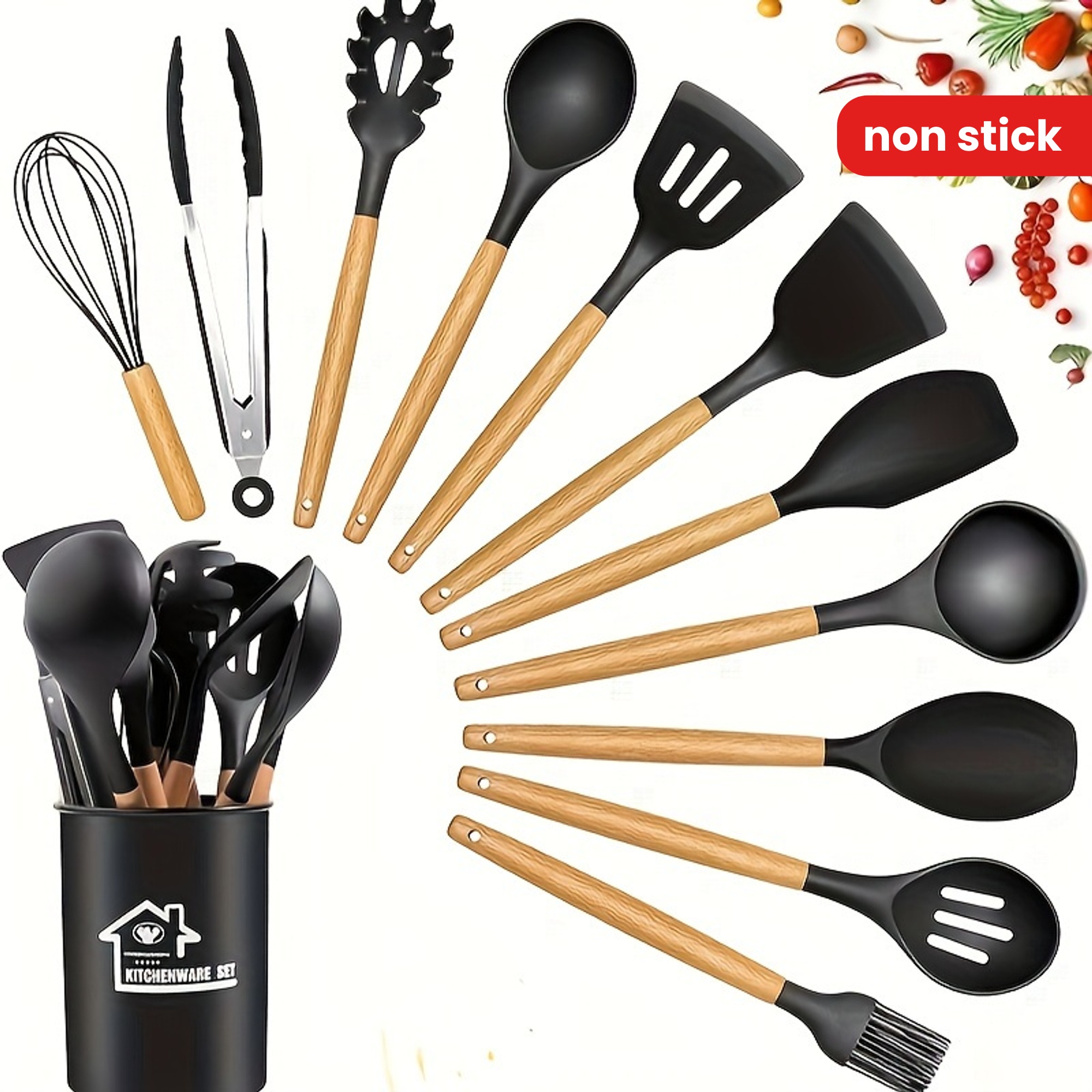 kitchen utensils set kitchen cooking utensils set spoon spatula 446f heat resistant 12pcs non stick food grade silicone and wooden handles kitchen tools set details 1