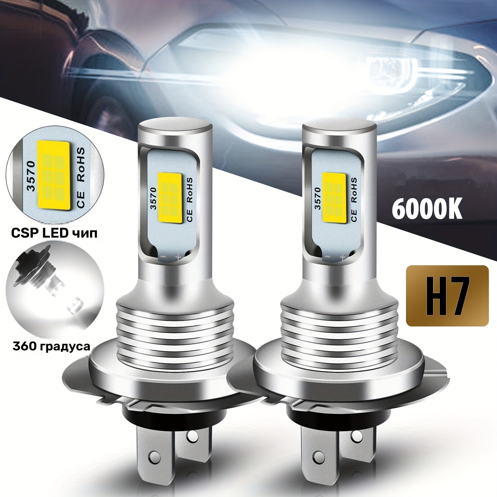 2 бр. H7 LED Крушки за Фарове Дълги/Къси Светлини 6000K Бяло Автомобилни Предни Мъгла Светлини DRL Лампа за Кола, Камион, Мотоциклет 12V