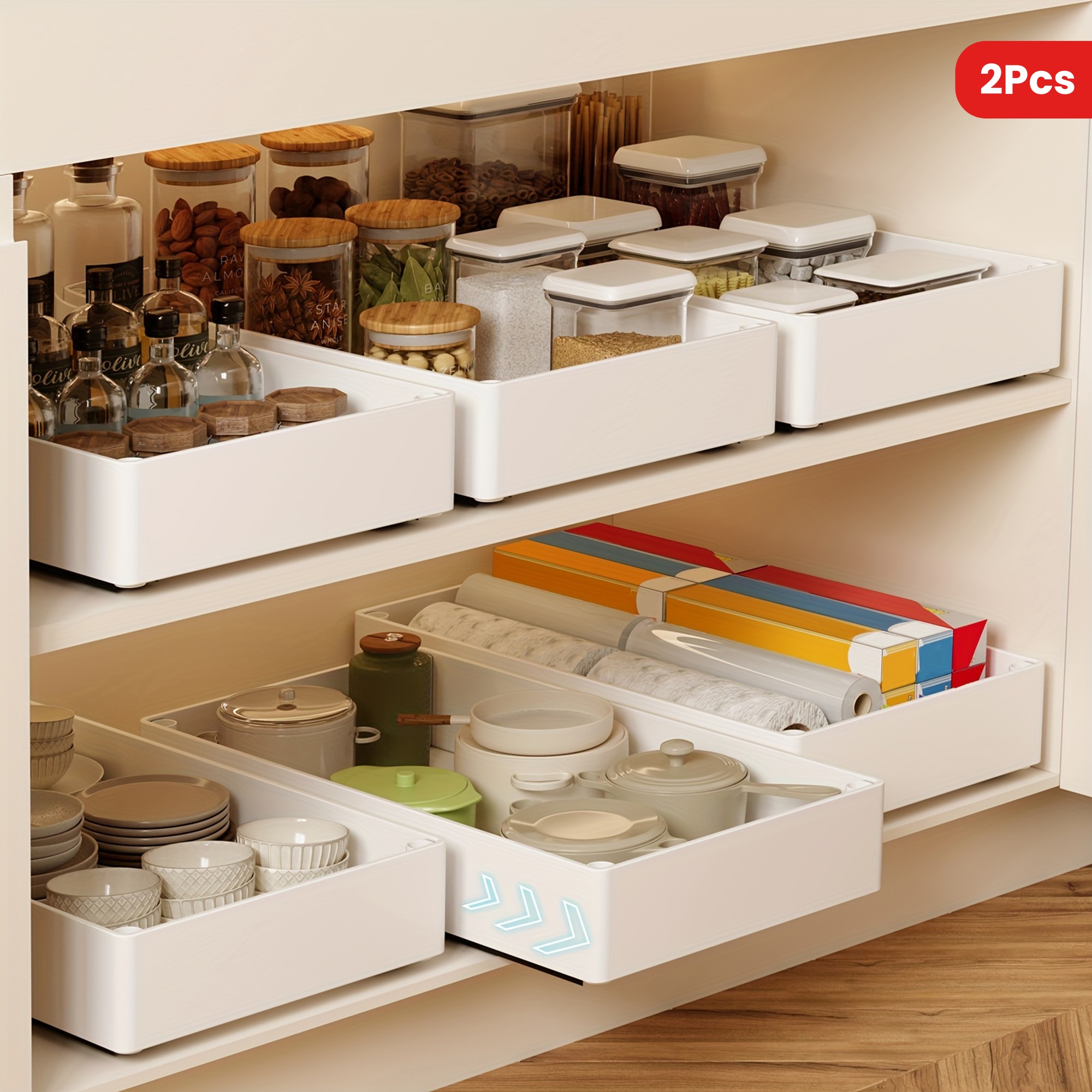 2Pcs Pull-Out Type Cabinet Organizer, No-Punch Cabinet Organizer, Home Organizers and Storage Racks, Removable slide-out organizer For Kitchen, Bathroom, Pantry, Cabinets Open Storage Bins