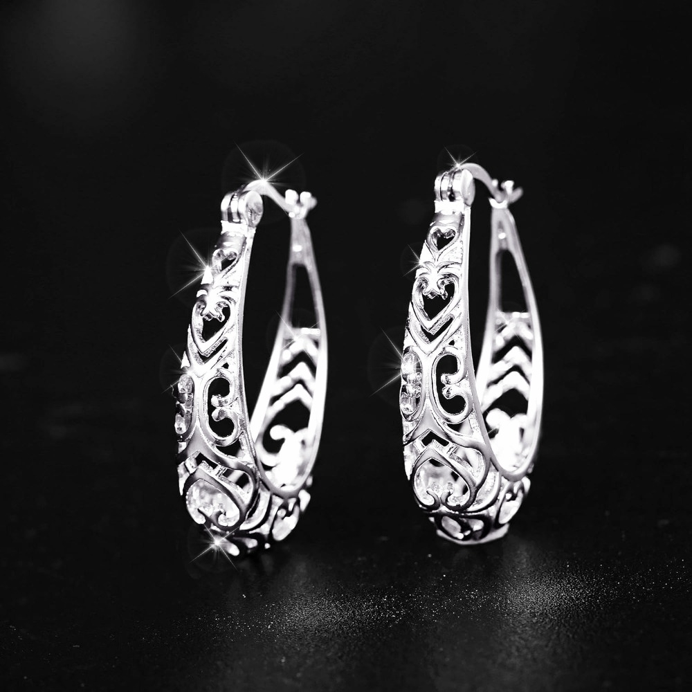 TEMU Popular Elegant 925 Sterling Silvery Ring Earrings, Lightweight Retro Style, Hypoallergenic -4.6g/ 0.16oz