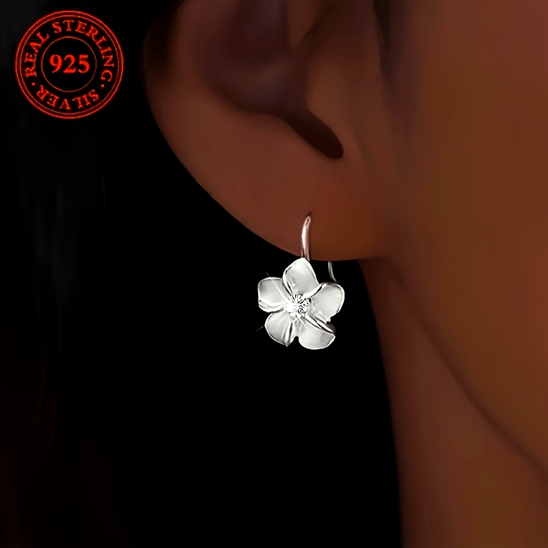 

1 Pair Elegant 925 Sterling Silver Floral Dangle Earrings With Synthetic Cubic Zirconia, Hypoallergenic Hook, Simple Non-plated Design For And Gifting