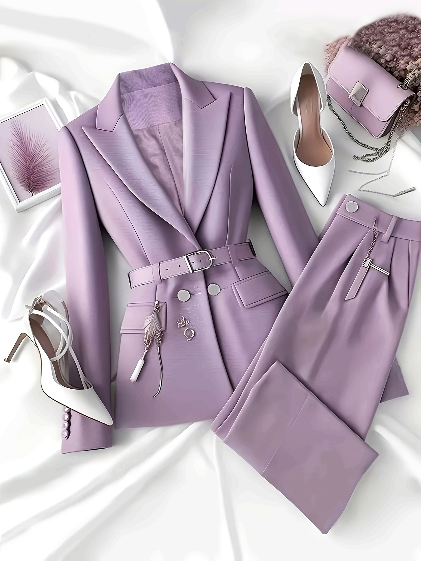Lilac Dream Power Suit Set by Newness A sophisticated and stylish lilac colored suit perfect for professional settings or special occasions The set includes a matching blazer and pants