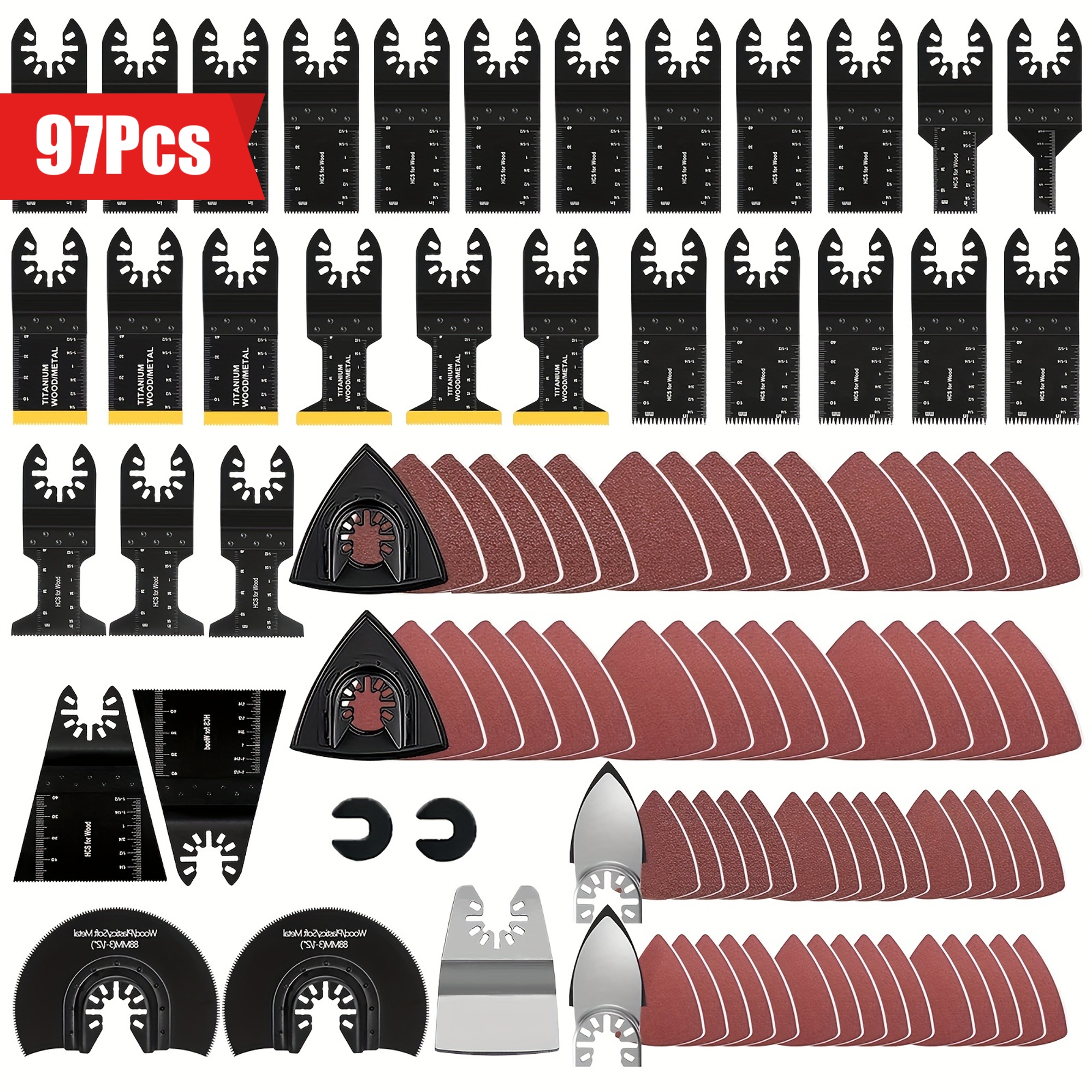 97pcs Oscillating Saw Blades Set: Wood &amp; Metal Cutting Multitool * Blades + Sandpaper &amp; Quick Release Tool Blades Kits - Fits Dewalt, Ryobi, Mi