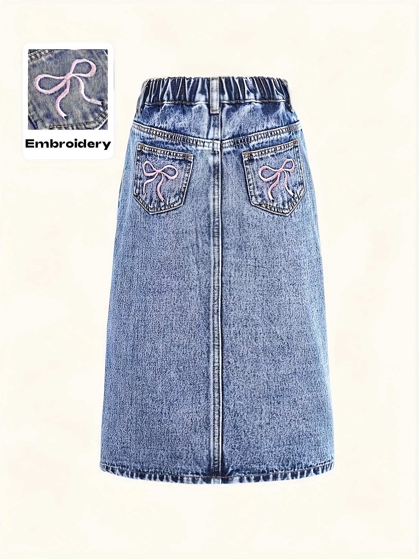 Medium-large Size Girls' A-line Denim Skirt with Back Pocket Bow Embroidery, Elastic Waistband, All-season Wear, Versatile Vintage Denim Skirt for Street Fashion, Loose Fit, Holiday Beach Skirt, Suitable for Festivals and Outdoor Activities