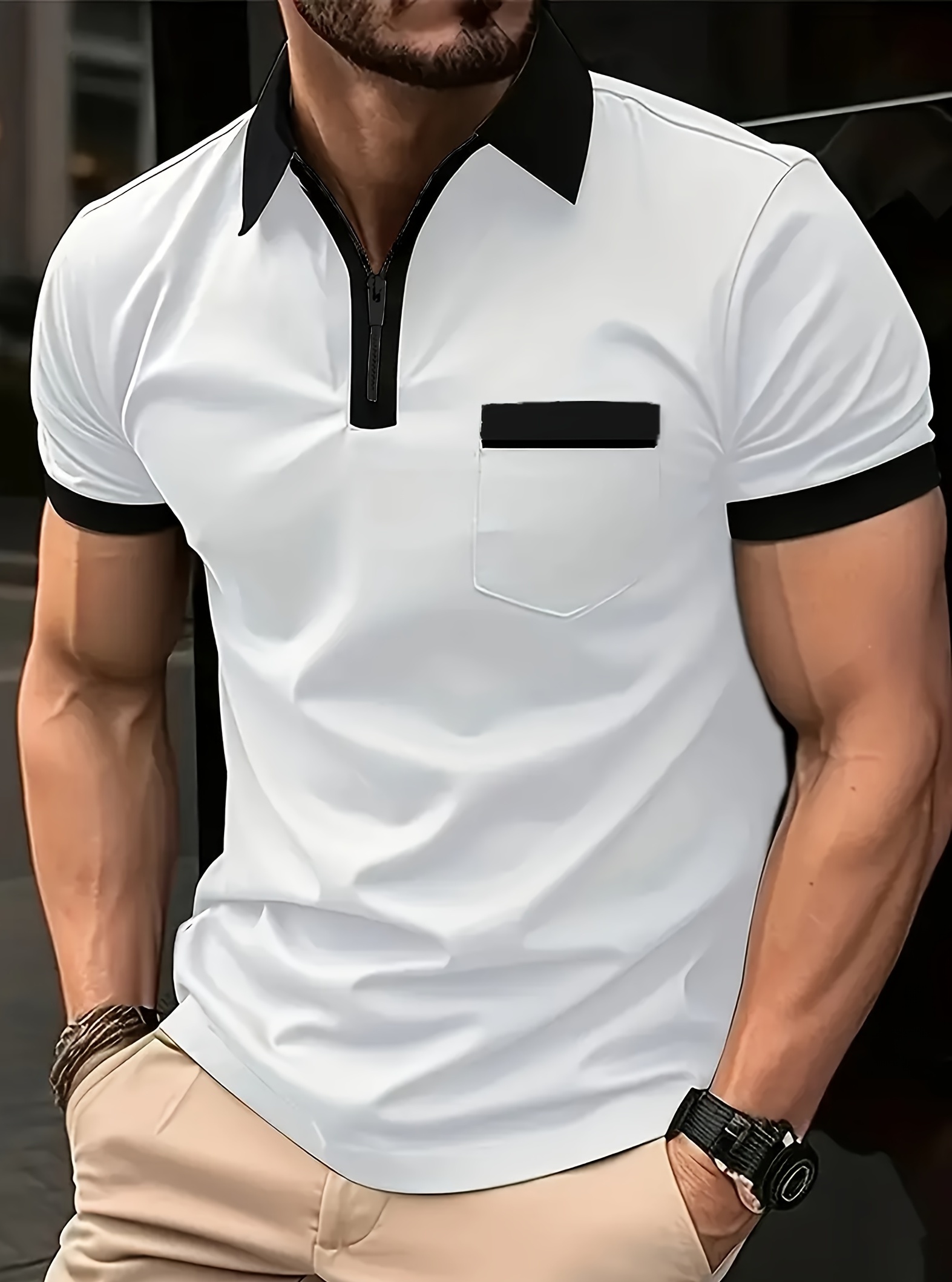 Yaz için Göğüs Cebiyle Kontrast Renkli Büyük Beden Erkek Golf Gömleği, Erkekler için Moda Rahat Kısa Kollu Gömlek