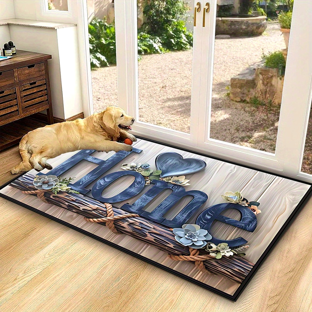 

Blue Floral "home" Door Mat – Non-slip Mat With Rustic Wood & , Indoor/outdoor Use In Office, Bedroom, Bathroom, Kitchen, Patio, And Garden – Modern Home Decor, Living Room Mat