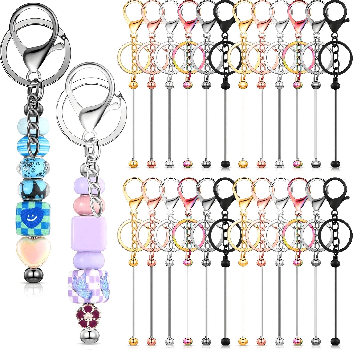 10pcs Beautiful Cute Beaded Keychain Bulk for Keychain Making Blank Beaded Metal Keyring Craft Key Fobs Christmas Holiday Gifts