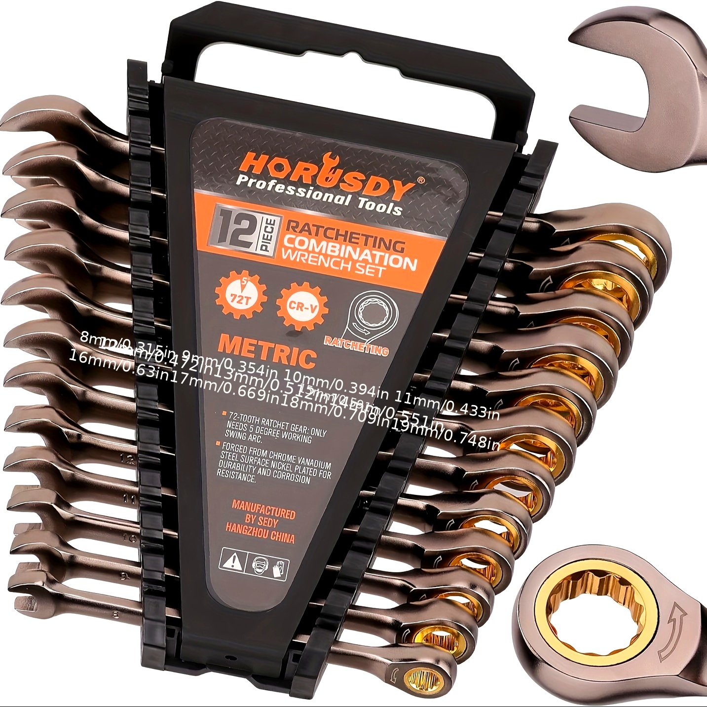   12pcs metric ratchet wrench set, 8-19mm - chrome vanadium steel, rust & fade resistant with organizer case Детали за производот 1
