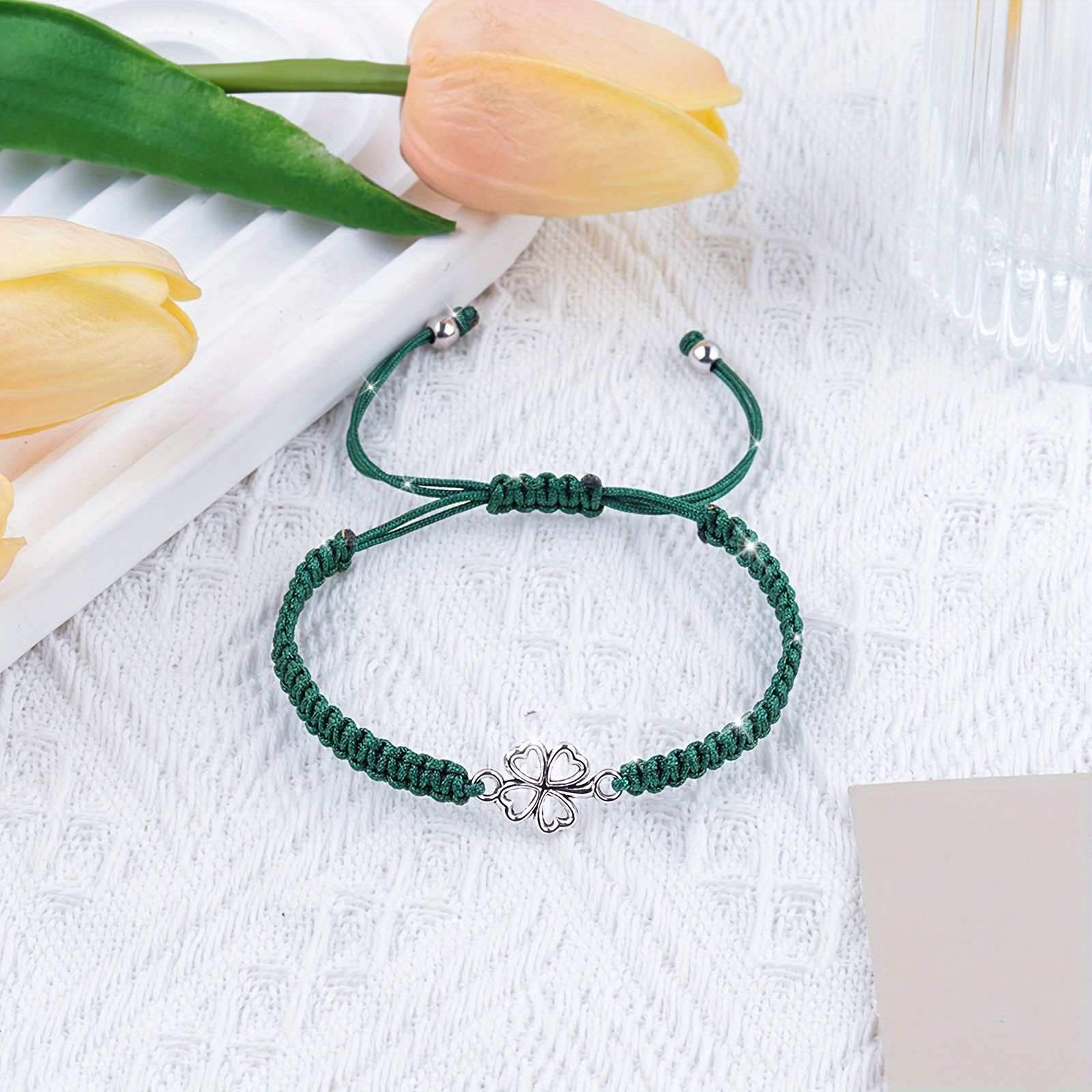 Lucky Four Leaf Clover Adjustable Woven Bracelet, Good Luck