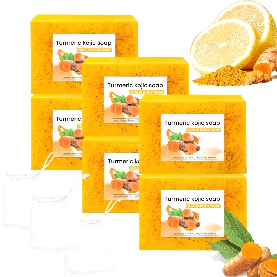 6pcs 100g Turmeric and Castor Oil Soap Set with Lemon & Vitamin E - Handmade, Alcohol-Free, Suitable for All Light Beige Types - Ideal Bathroom and Facial Cleansing Soaps, Includes 3 Loofahs