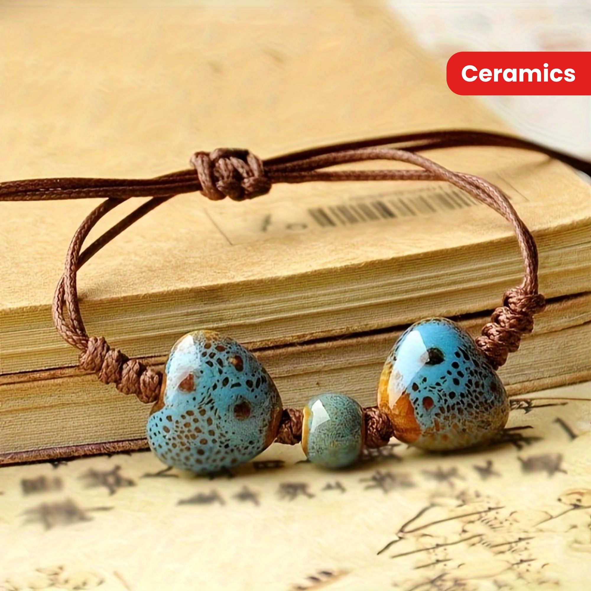 Vintage Ethnic Love Heart Ceramic Bead Bracelet Rustic Style