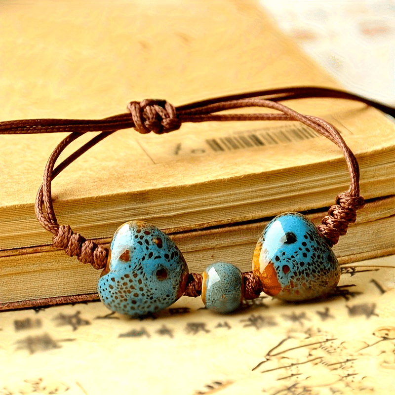 Vintage Ethnic Love Heart Ceramic Bead Bracelet Rustic Style