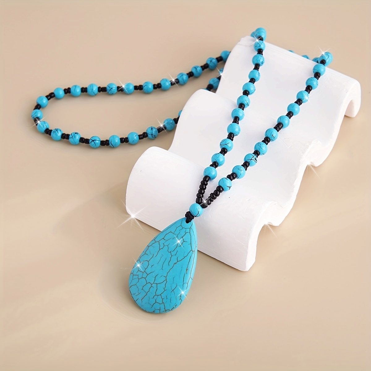 Boho Turquoise Teardrop Pendant Necklace with Beads & Cracked Stone