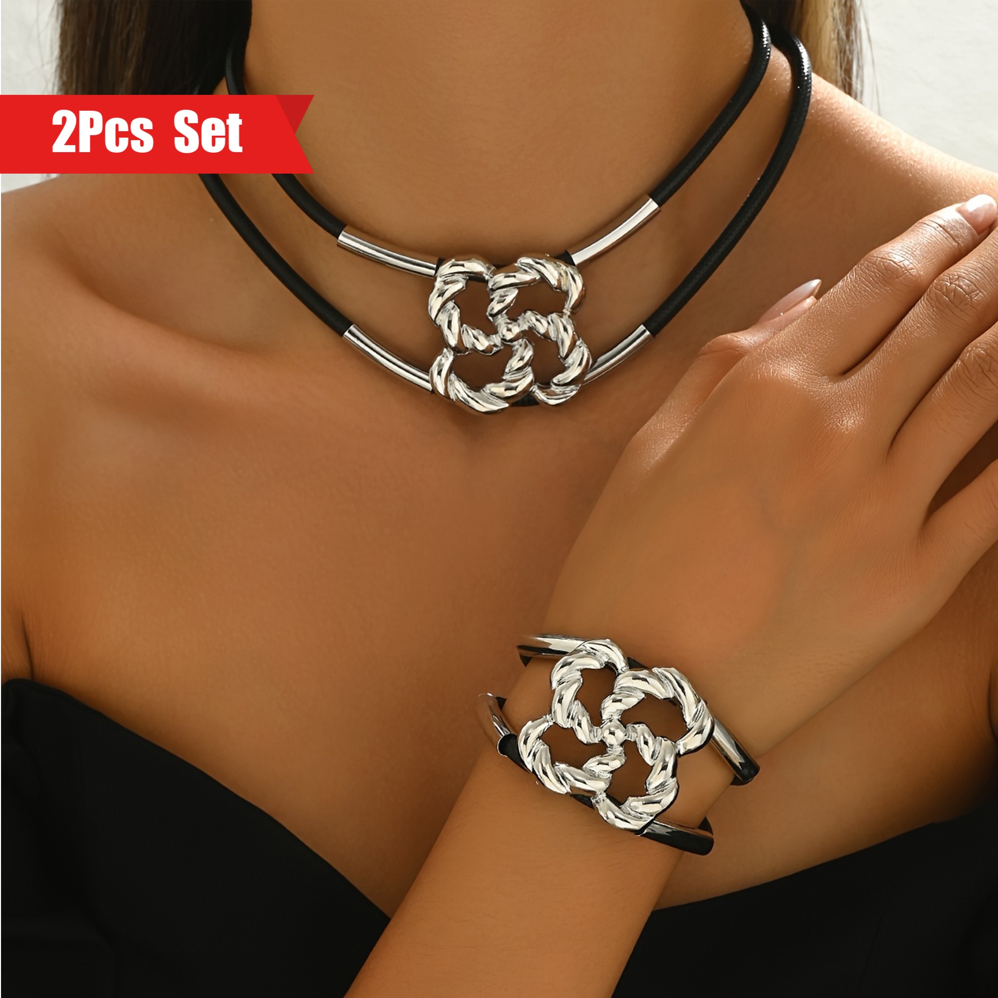 Hollow Out Twisted Flower Pendant Rope Necklace & Brac