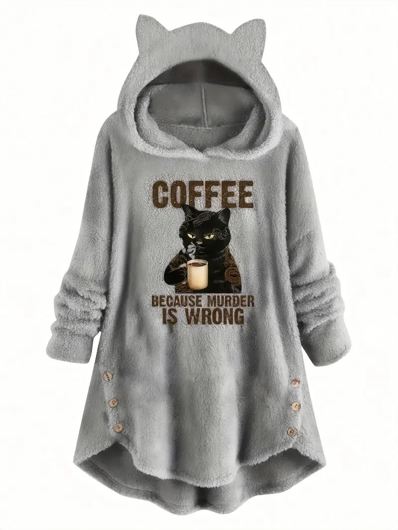 sweat à capuche imprimé chat et slogan, sweat-shirt décontracté à manches longues avec boutons décoratifs, vêtements pour femmes Détails du produit 6
