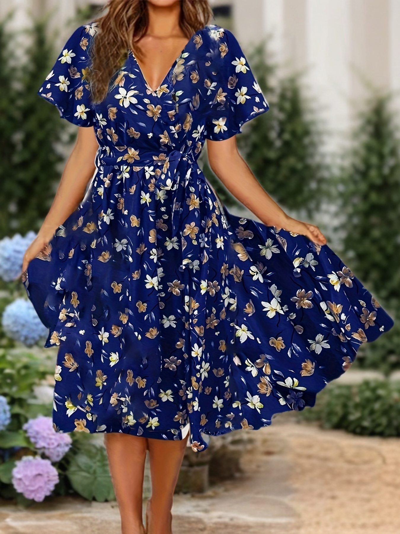 blumiges Kleid mit V-Ausschnitt elegantes Knoten-Plissee-Kurzarmkleid Damenbekleidung blau 3