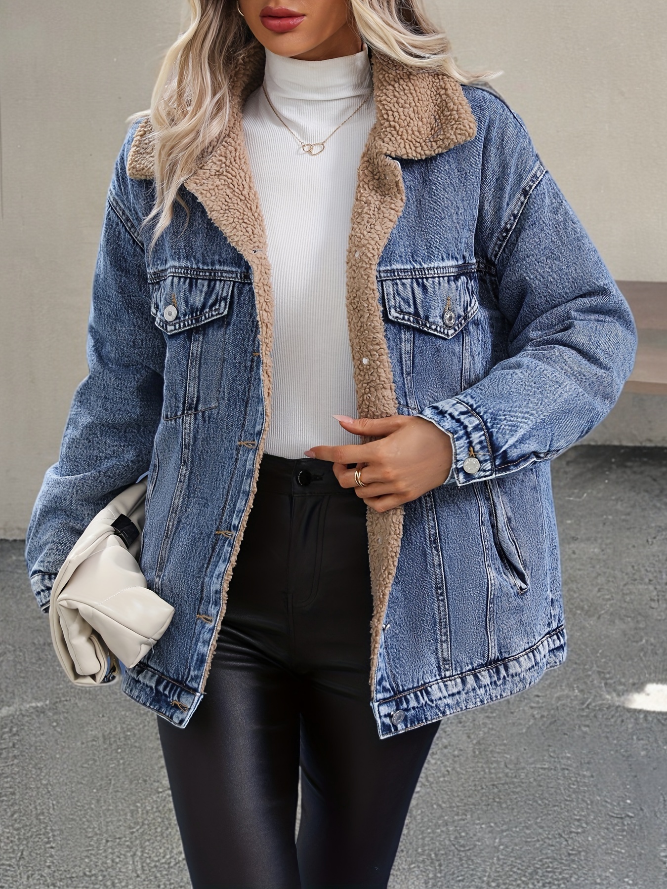 fleece liner casual denim coat long sleeves flap pockets keep warm winter denim jacket womens denim clothing details 12