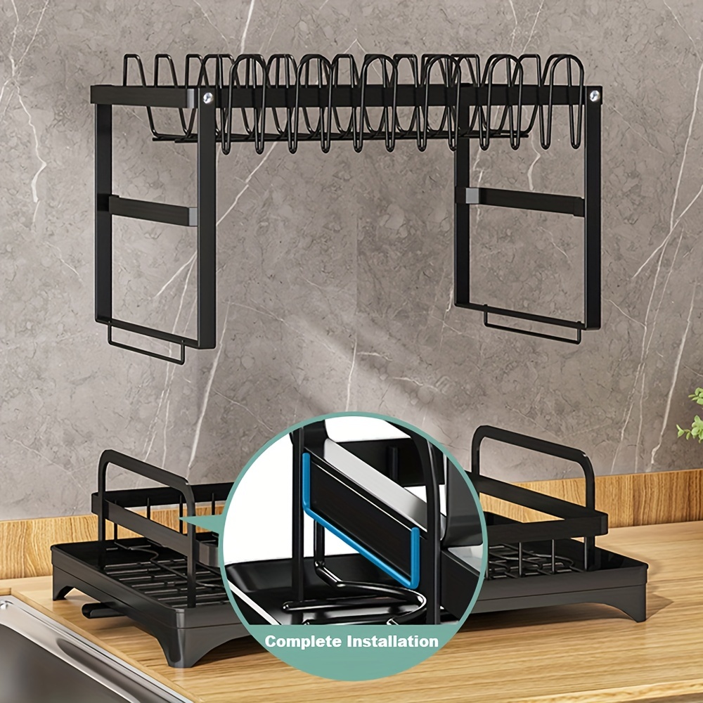 1pc dish drying rack for kitchen counter over the sink detachable larger capacity 2 tier dish drying rack drainboard set with double layer bowl rack cup rack drain board sticky board rack cutlery rack kitchen accessories black white details 5